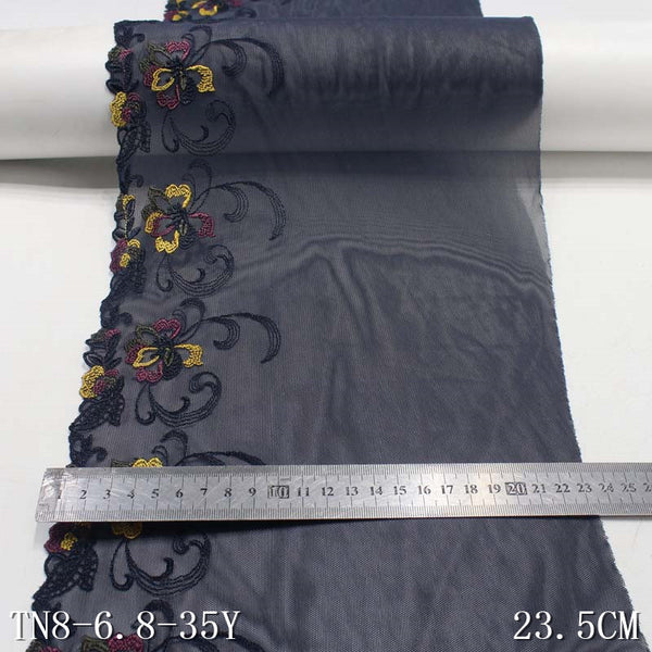 Blue and black polyester thread bullet colored flower embroidery lace, accessories wholesale curtain mother lace