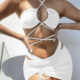 New European and American swimsuit women&#039;s solid color gauze skirt ladies sexy bikini three-piece swimsuit [OEM]