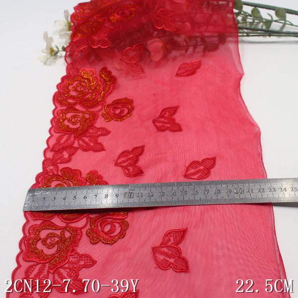 Red unilateral gold silk flower mesh embroidery lace 22cm clothing home textile lace accessories