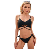 Solid color split body swimwear for women sexy hollow out bikini cross strap swimwear wholesale [OEM]