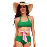 Solid color tether split swimsuit female sexy backless cross strap bikini [OEM]