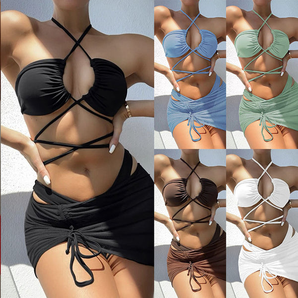 New European and American swimsuit women&#039;s solid color gauze skirt ladies sexy bikini three-piece swimsuit [OEM]