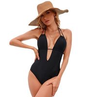 Solid color one-piece swimsuit ladies sexy backless openwork cross strap swimsuit [OEM]