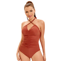 Solid color pleated one-piece swimsuit female sexy strapless swimsuit LAZADA[OEM]