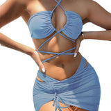 New European and American swimsuit women&#039;s solid color gauze skirt ladies sexy bikini three-piece swimsuit [OEM]