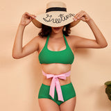 Solid color tether split swimsuit female sexy backless cross strap bikini [OEM]