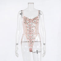 New lace mesh perspective embroidery bandage bodysuit 11002