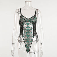 New lace mesh perspective embroidery bandage bodysuit 11002