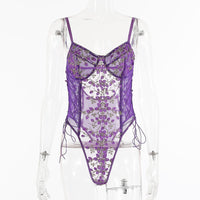 New lace mesh perspective embroidery bandage bodysuit 11002