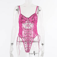 New lace mesh perspective embroidery bandage bodysuit 11002