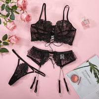 New lace embroidery stitching mesh binding fun underwear three-piece set 24413