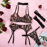 New mesh sheer sexy zebra pattern erotic lingerie three-piece set 24762