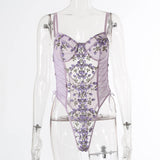 New lace mesh perspective embroidery bandage bodysuit 11002