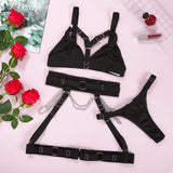 European and American nightclubs Spicy Girls Metal Chain Sexy Lingerie Women's Three-piece Set 23367