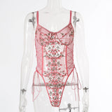 New lace mesh perspective embroidery bandage bodysuit 11002