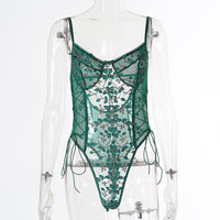 New lace mesh perspective embroidery bandage bodysuit 11002