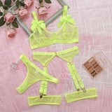 New lace fluorescent color breathable mesh erotic lingerie three-piece set women's 21774