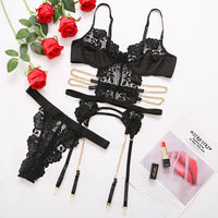 New European and American three-point openwork black erotic backless lace sexy suit women's 21372