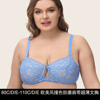 Contrast lace cut-out sexy ultra-thin steel ring bra anti-wear shoulder strap European and American fat MM underwear female