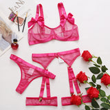 New lace fluorescent color breathable mesh erotic lingerie three-piece set women's 21774