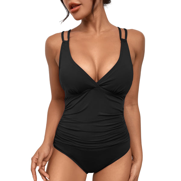 New European and American sexy V-neck one-piece swimsuit women's swimsuit covering belly one-piece swimsuit woman [OEM]