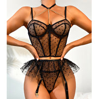 Pure lust women's lace buttoned openwork lingerie sexy sheer erotic three-piece set 21962