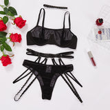 2023 new European and American sheer erotic underwear mesh girl three-piece set 25068