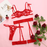 INS network red European and American lace embroidery girls' mesh perspective sexy sexy sexy sexy underwear three-piece set 21634